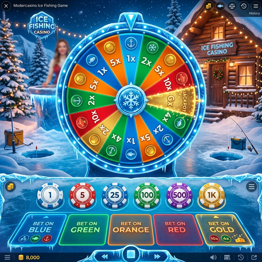 Ice Fishing game wheel interface with 53 coloured segments and betting chips