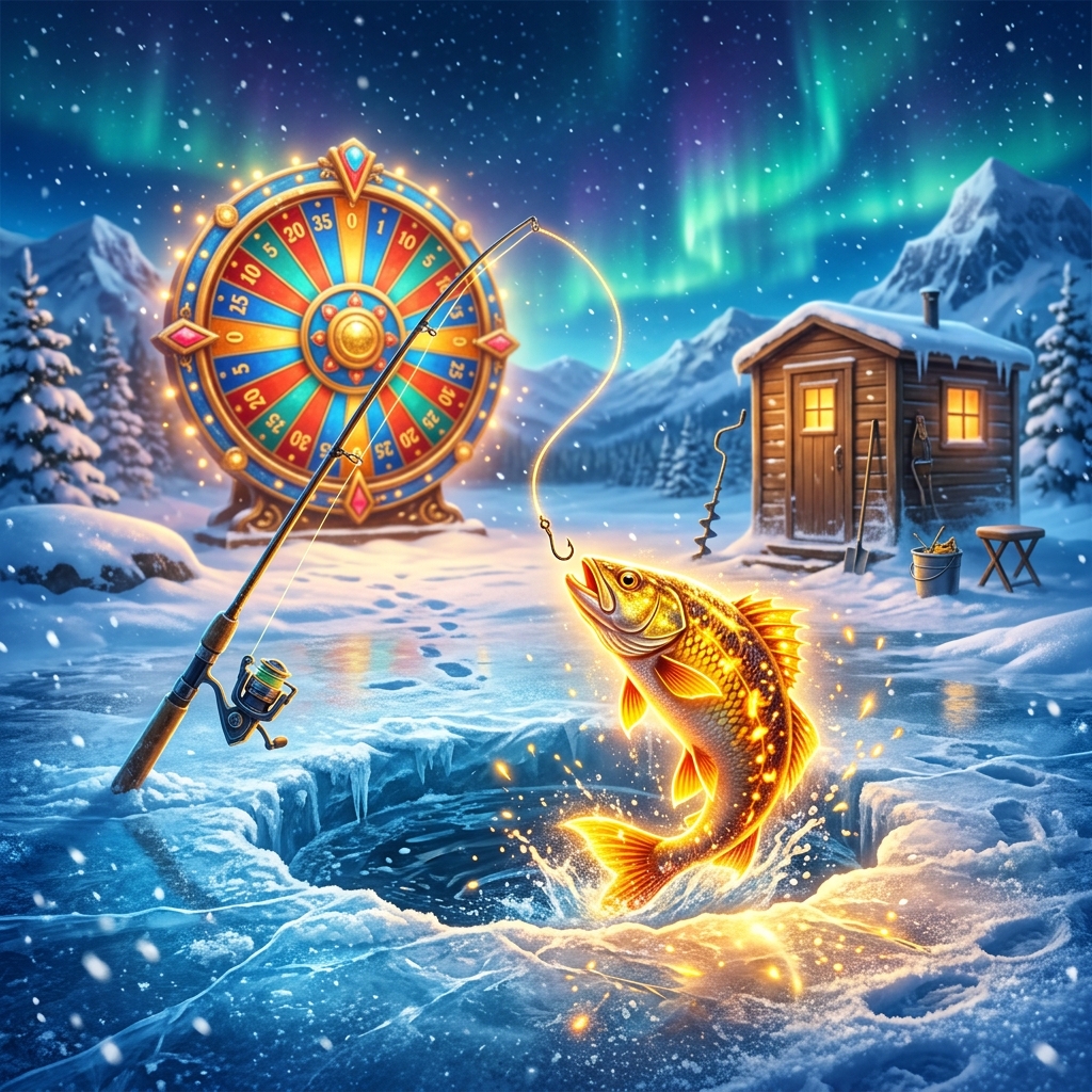 Ice Fishing game — Arctic scene with prize wheel and golden fish trophy